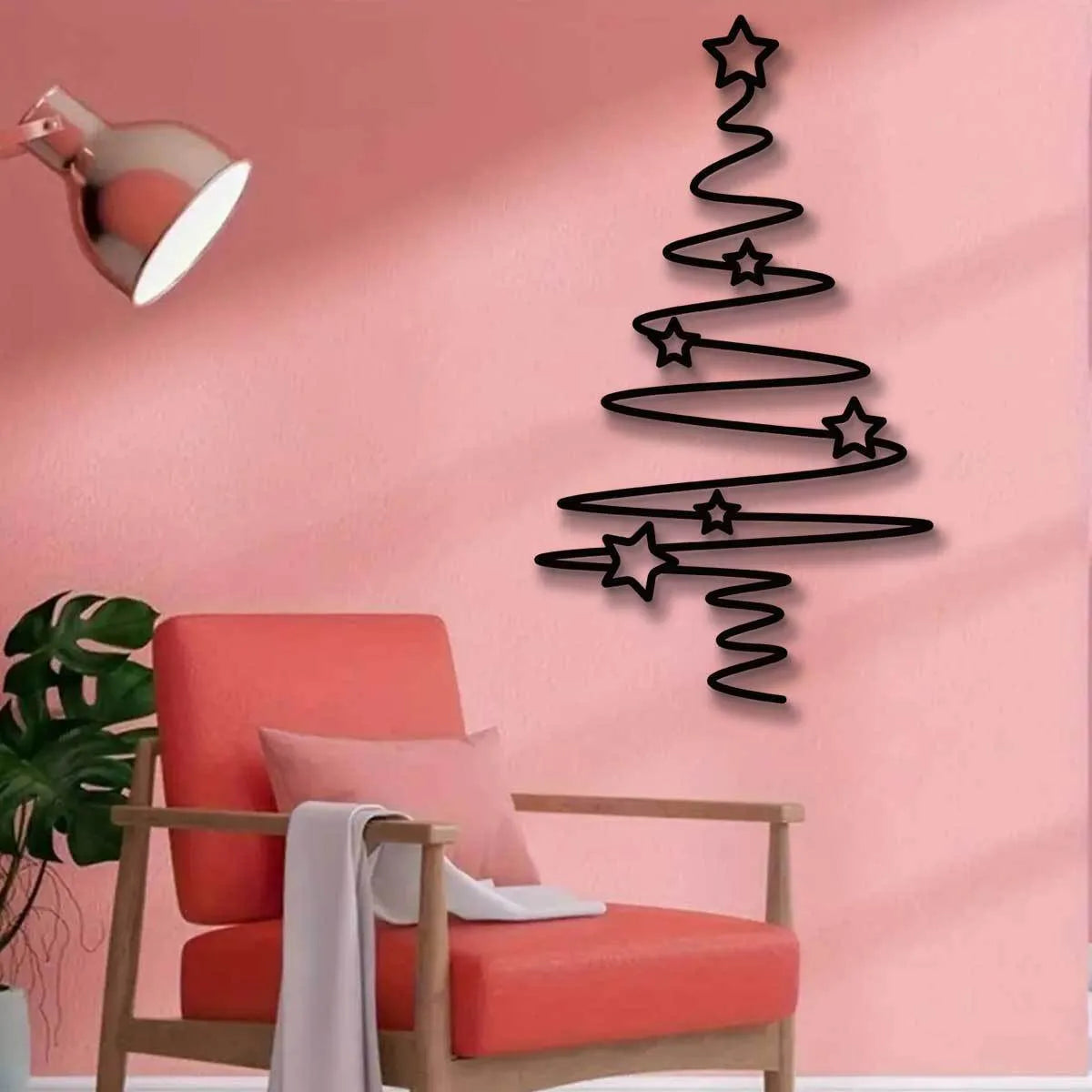 Black wrought iron Christmas tree line wall decoration, 30cm, for bedroom living room or door hanging