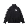 Black retro sports hoodie with a stand collar and long sleeves on a mannequin.