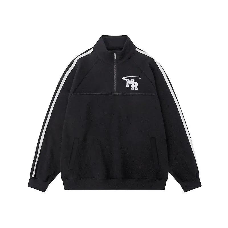 Black retro sports hoodie with a stand collar and long sleeves on a mannequin.