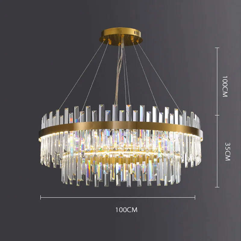 Stainless steel and crystal multi-head ceiling chandelier with adjustable height