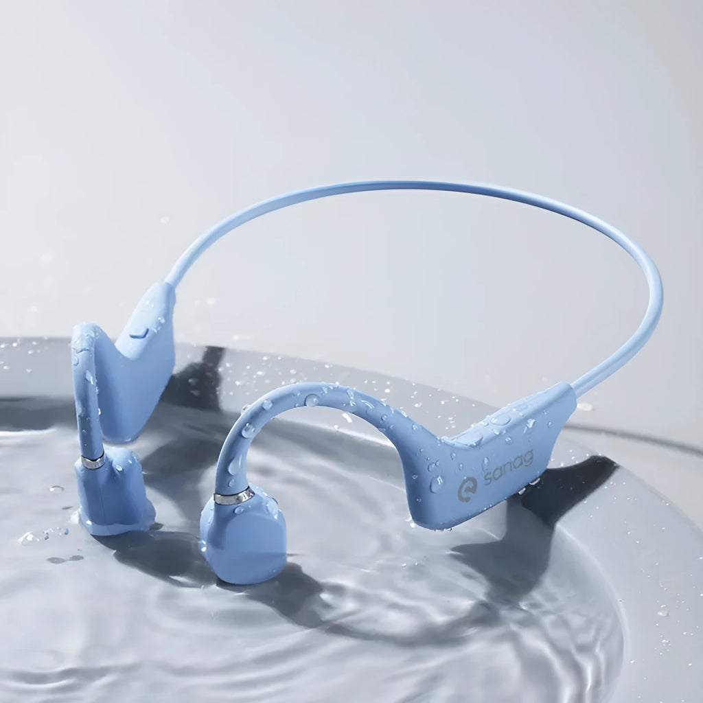 Bone conduction Bluetooth sports headset in a hanging neck design on a person running.