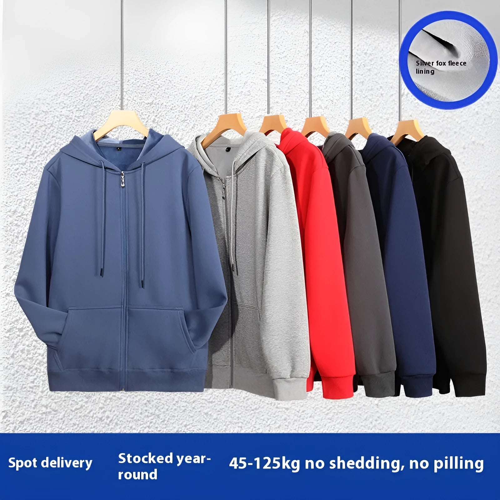 Plus size man wearing a beige heavyweight zipper hooded sweater with top-stitched pockets.
