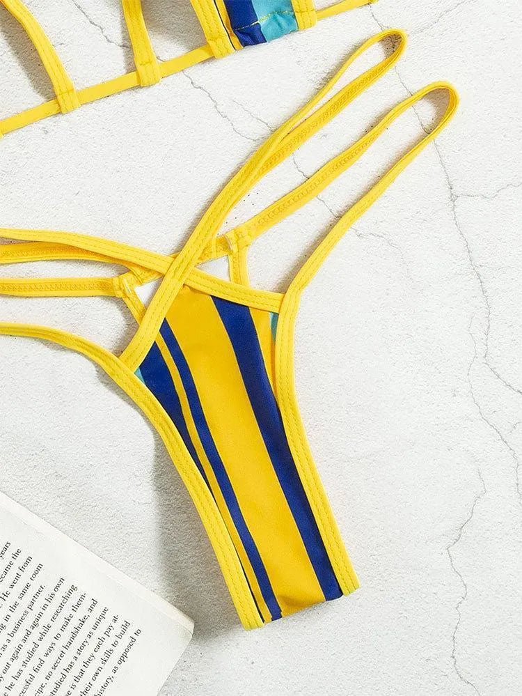 Yellow women's two-piece swimsuit with hollow neck-hanging style and backless design.