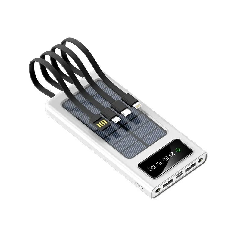 Black solar power bank with 20000mAh capacity and built-in charging cable for mobile phones