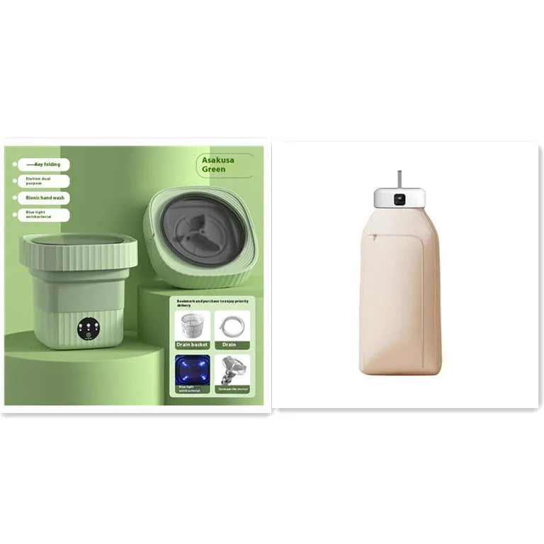 White cylindrical foldable laundry dryer with remote control on a table.