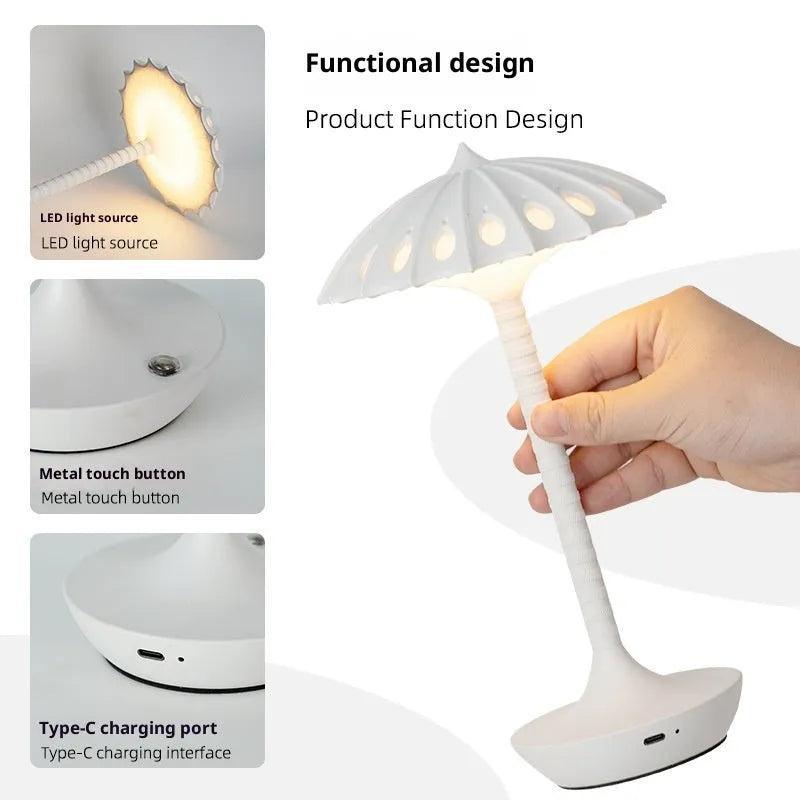 Black touch atmosphere small table lamp with warm 3000K light, geometric 3D cartoon style on bedside table