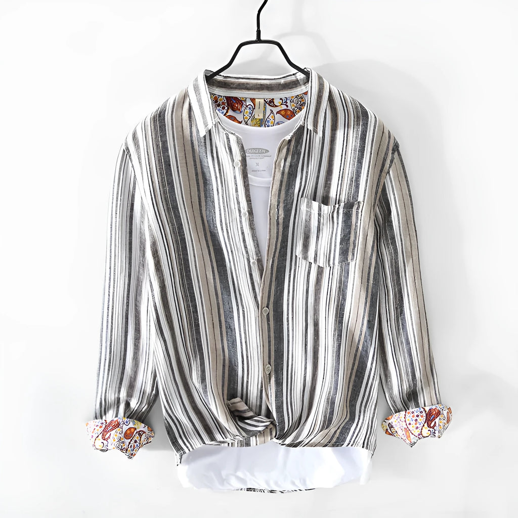 Men's striped linen shirt in red or grey with long sleeves and loose fit