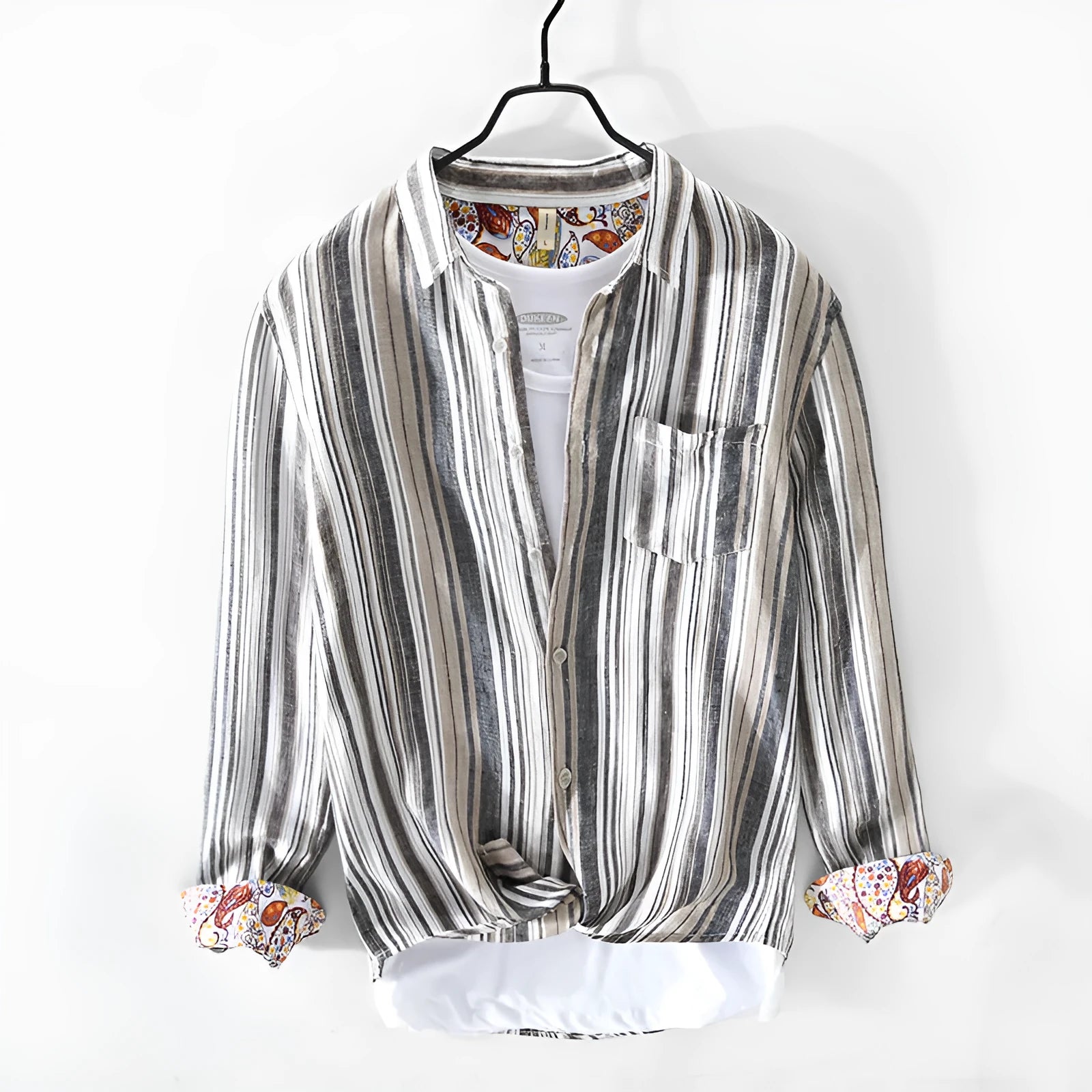 Men's striped linen shirt in red or grey with long sleeves and loose fit
