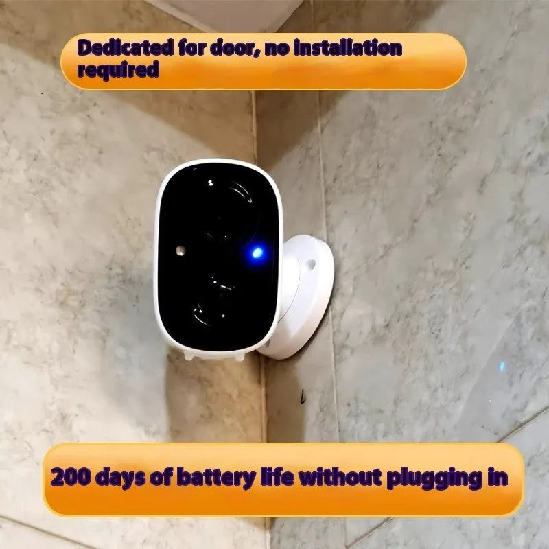 White indoor battery-powered Wi-Fi security camera with built-in bracket on a table.