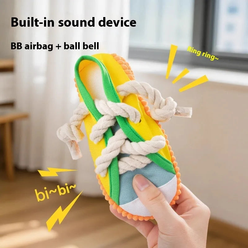 Bendable plastic dog chew toy with squeaker in yellow, black or blue colour options