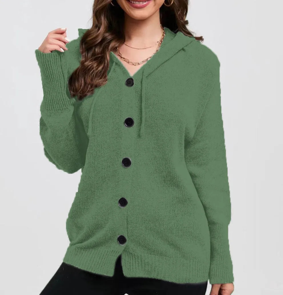 Women's thick cotton hooded cardigan sweater in solid colour with single-breasted closure.