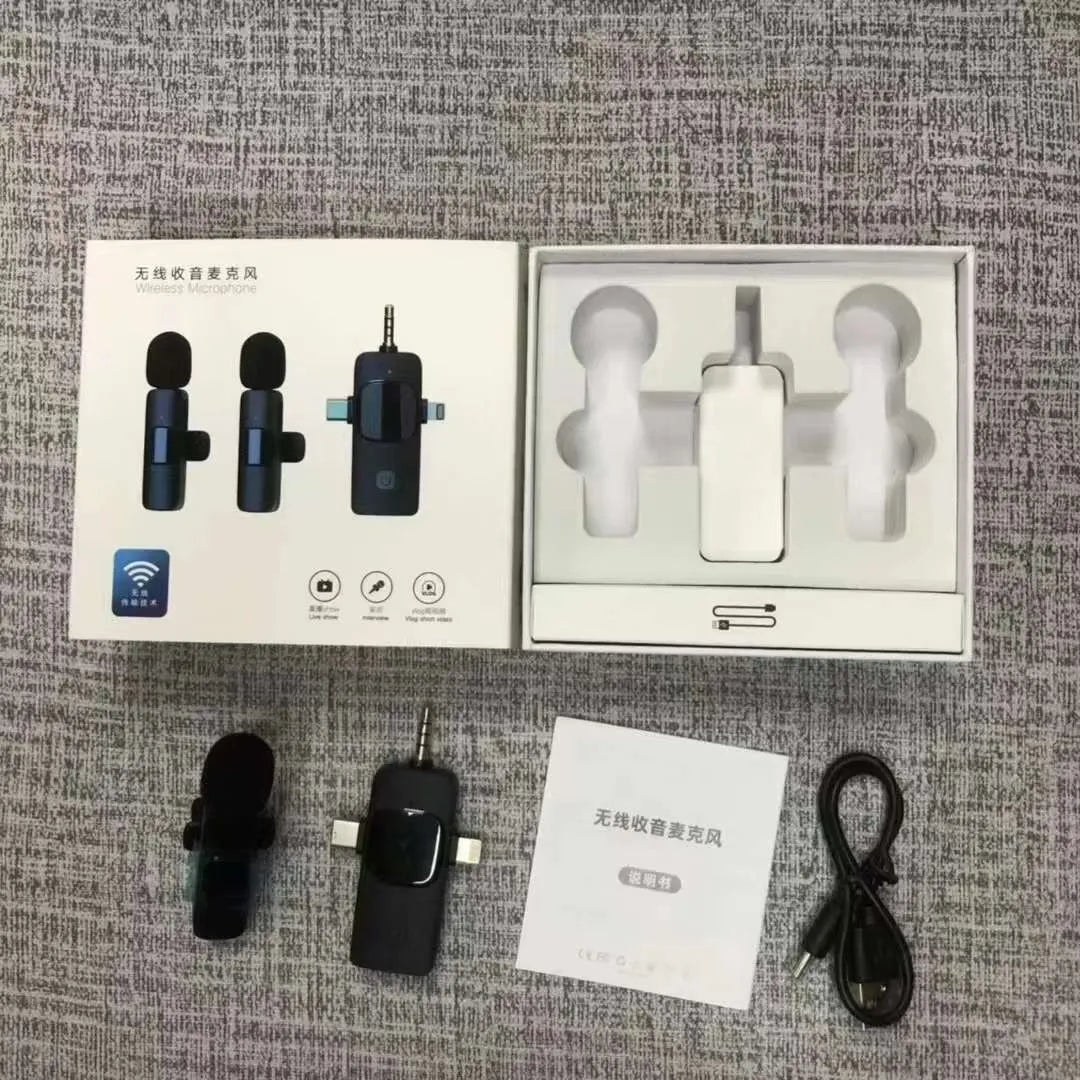 Wireless collar clip microphone for outdoor video recording with multiple interface options