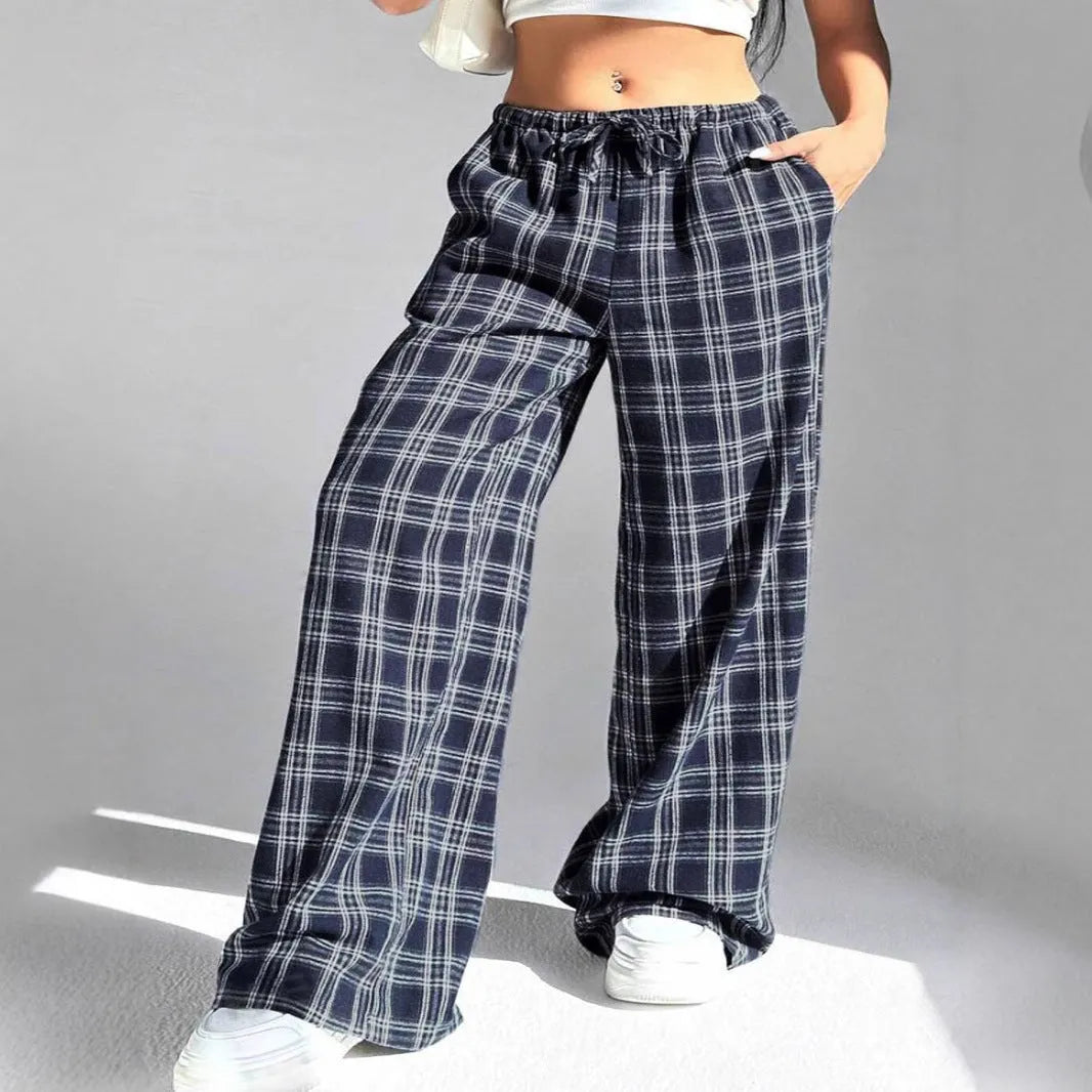 Women's blue plaid pocket casual trousers with drawstring waist and loose fit