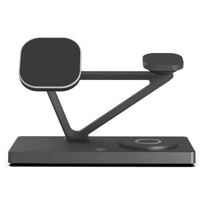 Five-in-one wireless charging night lamp showing magnetic bracket, watch charging position, and circular base station