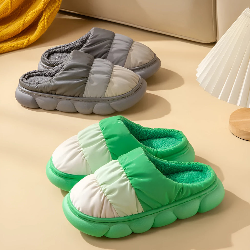 Gradient plush winter house slippers with waterproof cloth upper and anti-skid foaming sole, in pink purple green grey or dark blue.