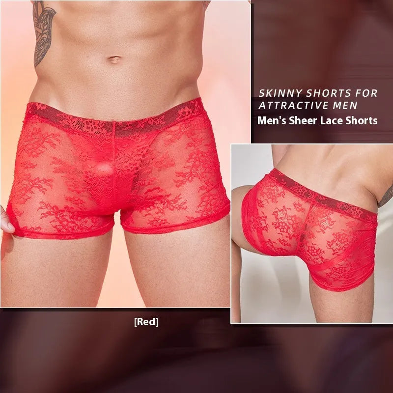 Men's black lace-trimmed nylon boxers laid flat, showing free size fit.