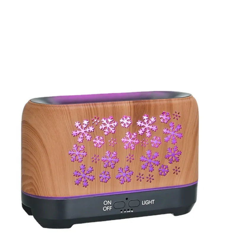 Square snowflake wood grain aromatherapy humidifier with colourful LED flame effect and remote control