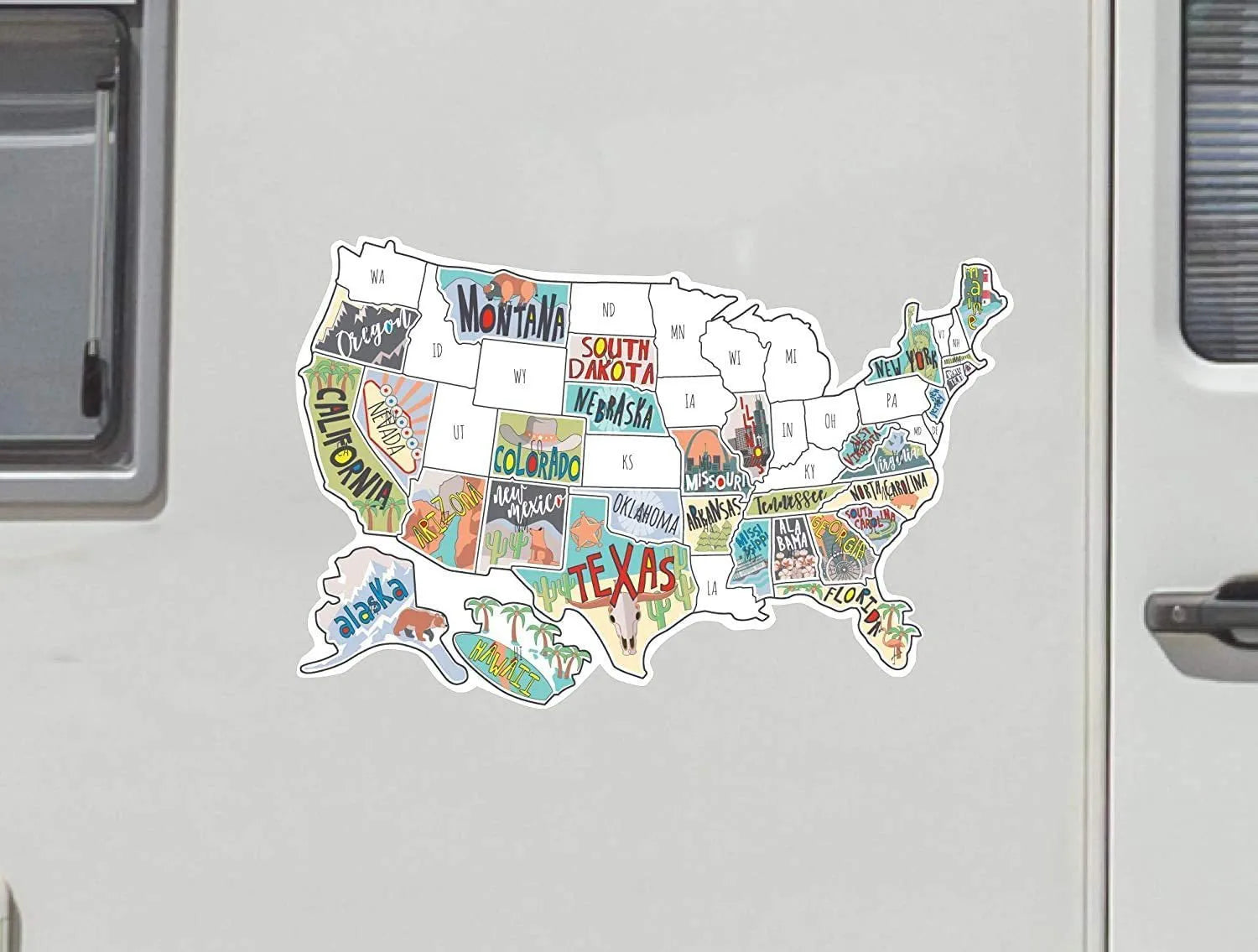 Travel-themed car sticker set with map design, letter stickers, and white background for vehicle application