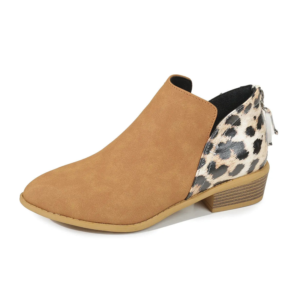 Women's leopard print pointed toe chunky heel boots in brown suede with back zipper