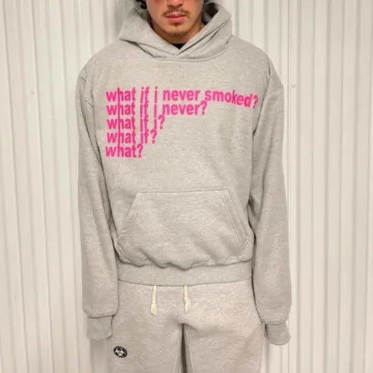Black hooded sweater with white letter print pattern, hood up, front view