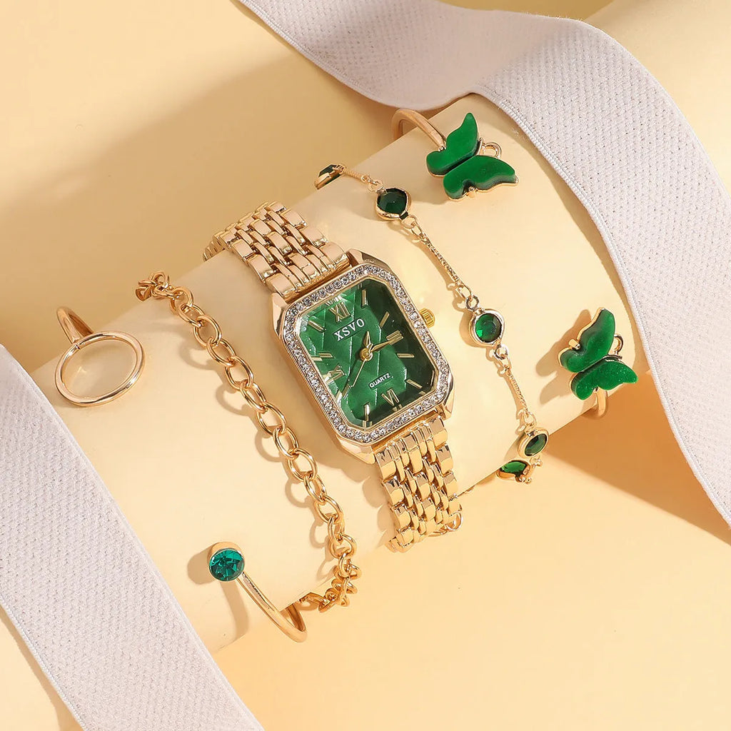 Gold green square steel watch with four matching alloy bracelets laid out as a complete gift set