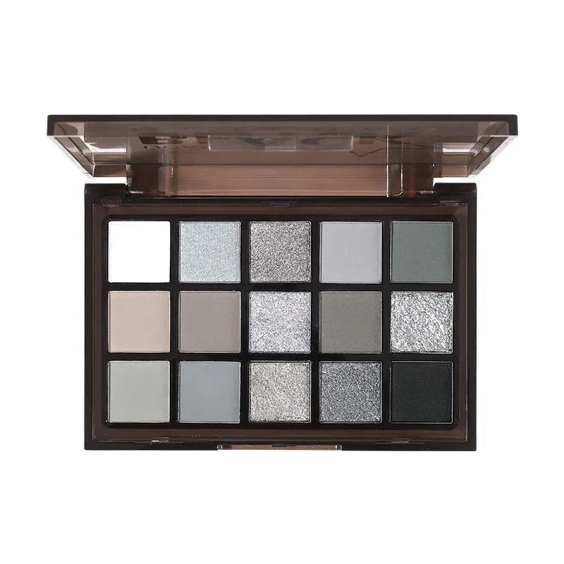 15-colour matte shimmer eye shadow palette with grey black shades for smoky makeup