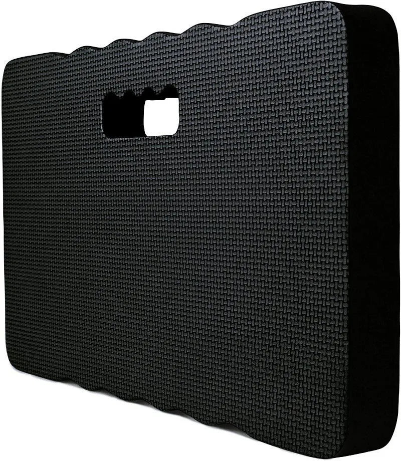 Blue rectangular EVA foam garden kneeler pad on grass, dimensions 45 by 28 cm.