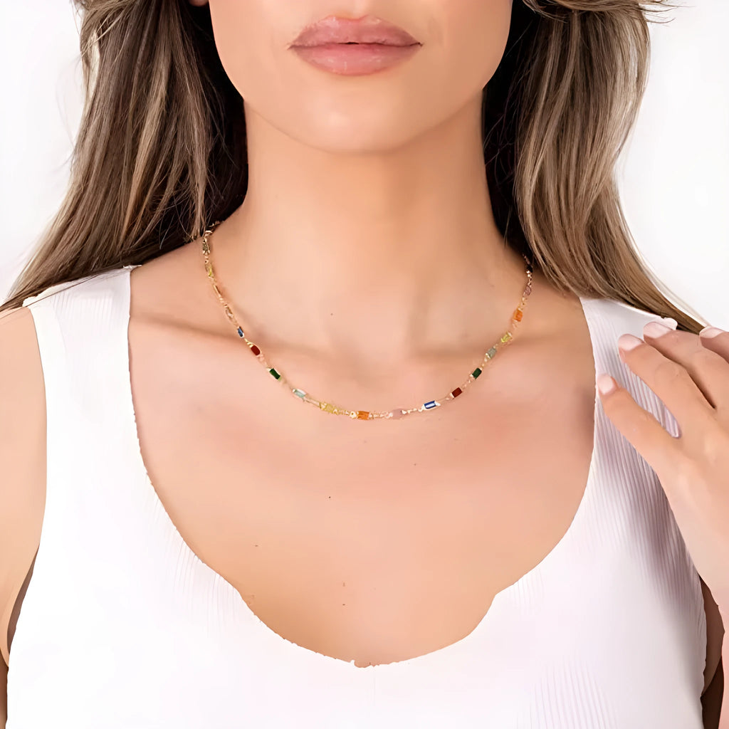 Geometric glass pendant on an adjustable alloy chain ladies necklace in a cold wind style.