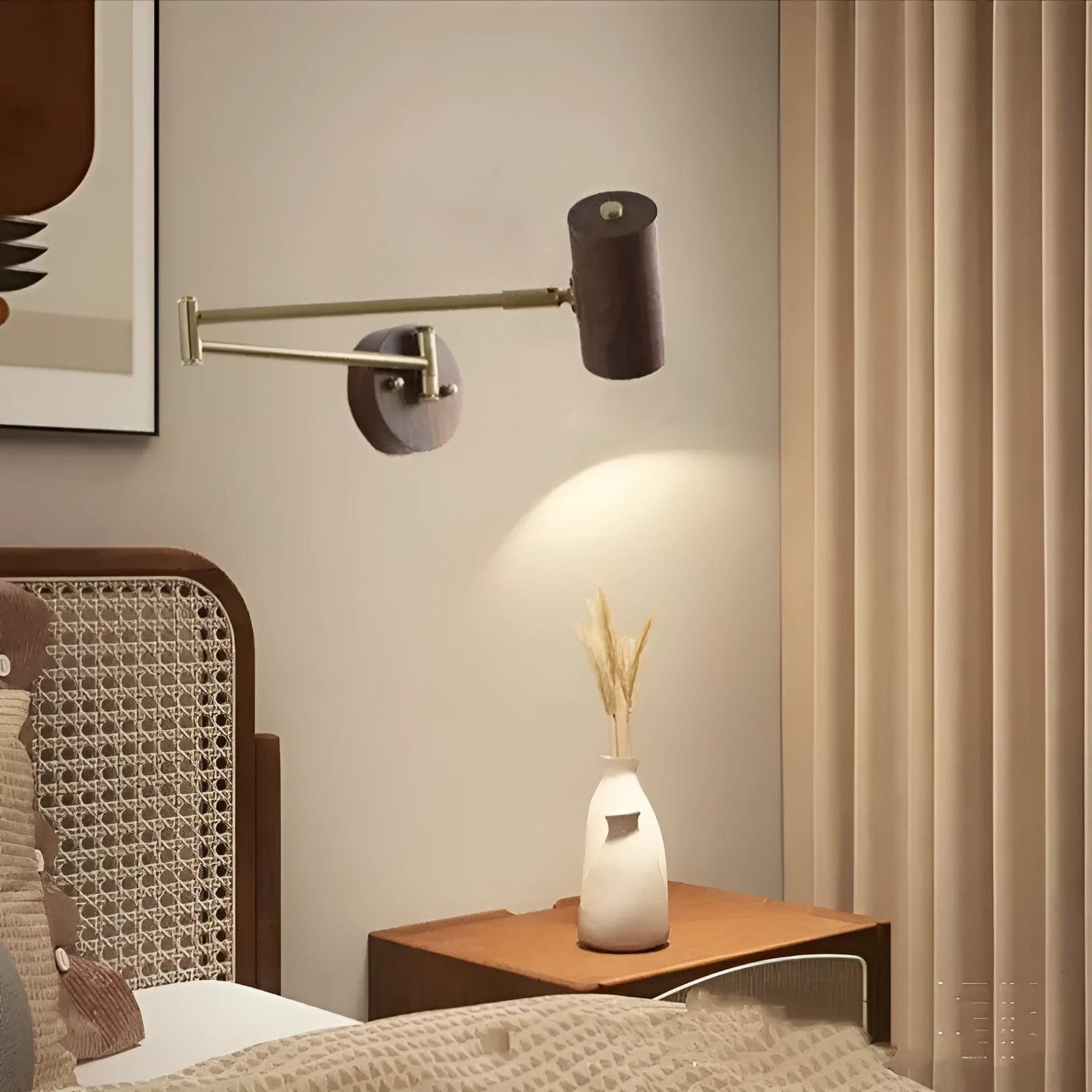 Retro wooden wall lamp with rotating spot light head and long arm, showing cord with built-in switch.