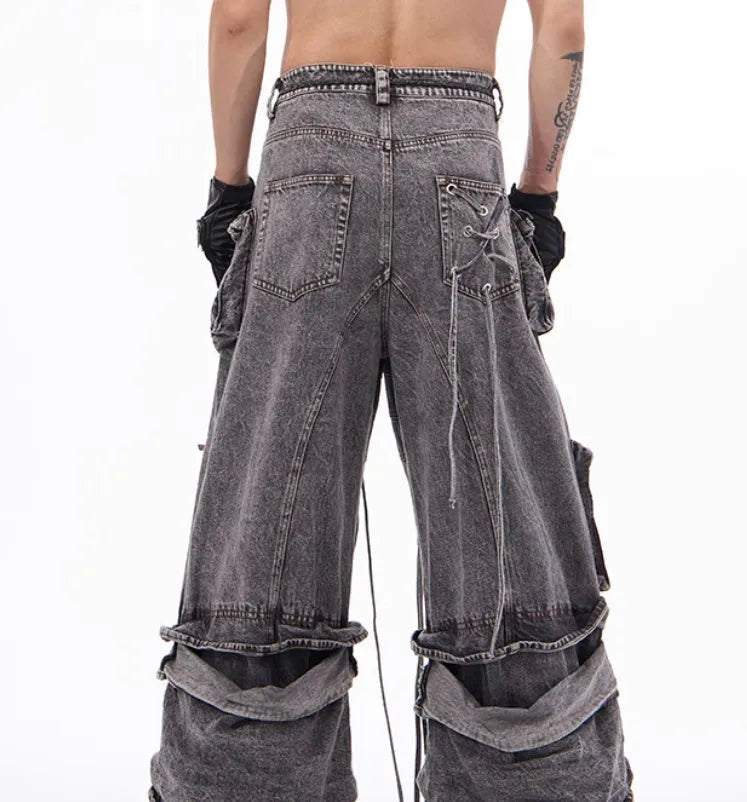 Grey distressed denim overalls with rope stitching and mop pant design