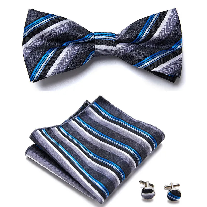 Floral Bow Tie Set of Three Pieces Polyester Yarn Hand-Sewn 12cm by 6cm Bow Tie with Matching Pocket Square 25x25cm and Cufflinks 1.5cm for Men's Formal Wedding and Party Accessories Multistyle Options