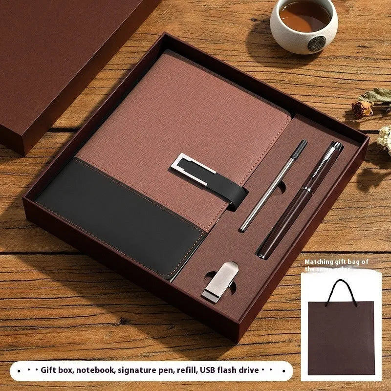 A5 leather notebook in choice of colours with gift box, open to show wood-free paper.