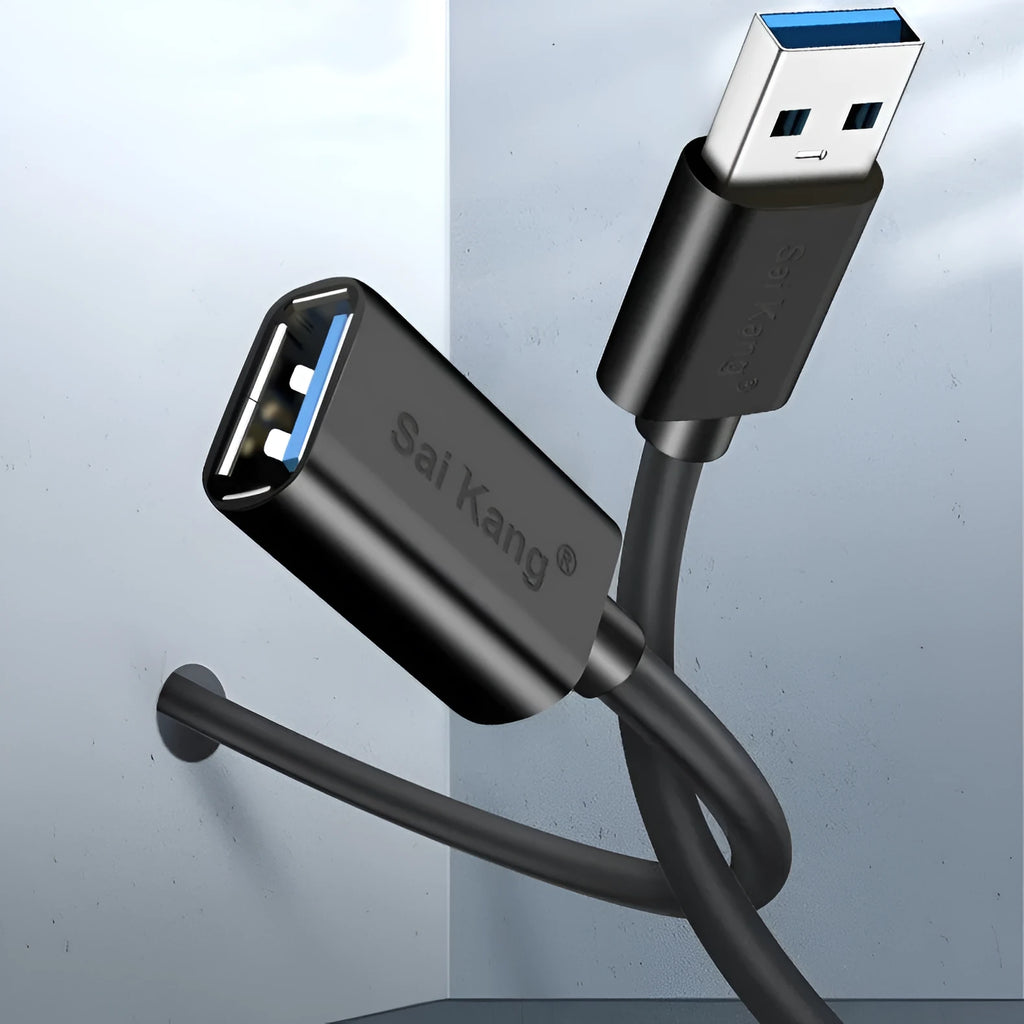 Black USB extension cable with male and female connectors, shown at various lengths up to 5 metres.