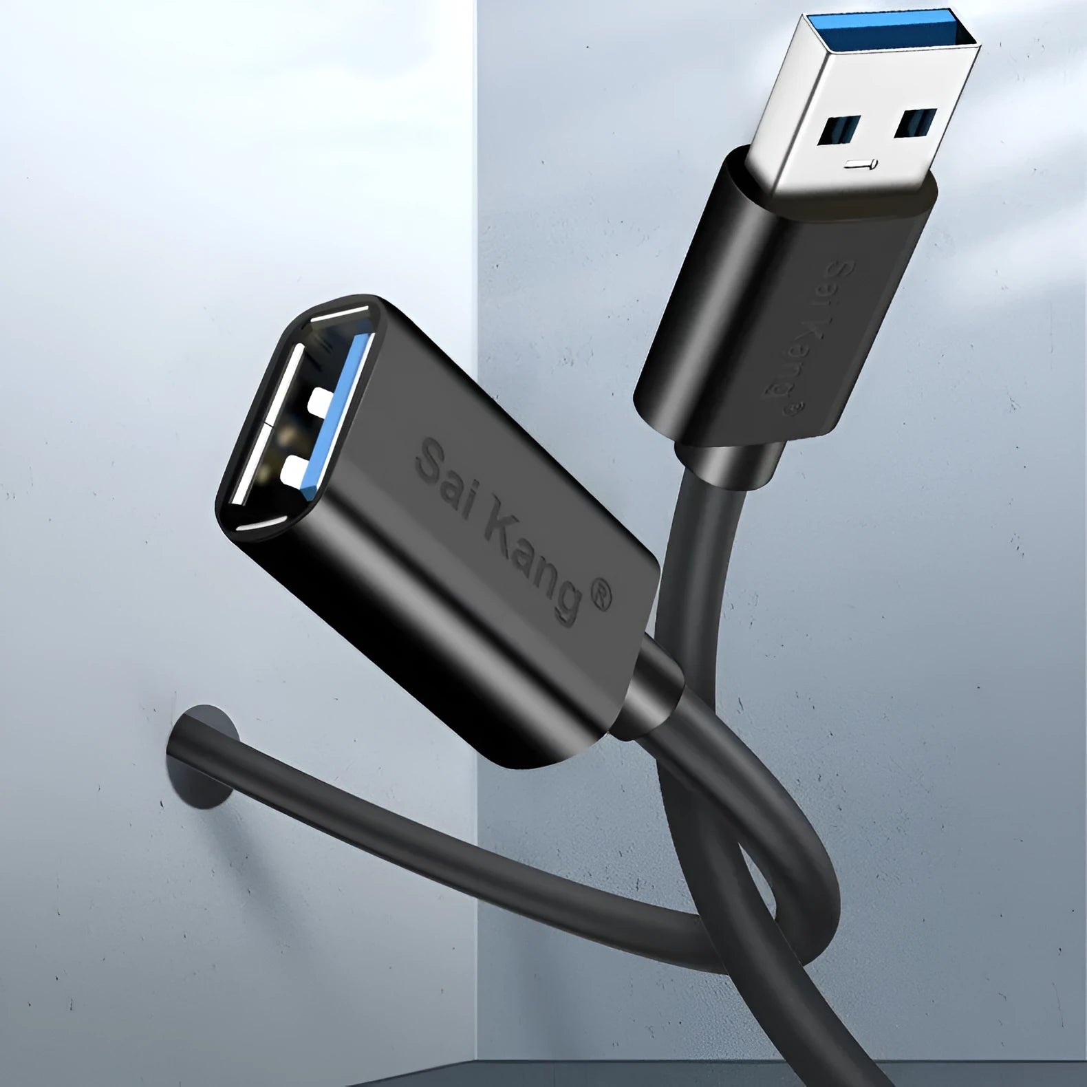 Black USB extension cable with male and female connectors, shown at various lengths up to 5 metres.