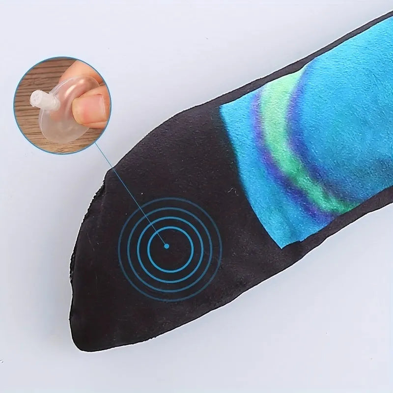 Snake-shaped plush dog squeaky toy with blue and green stripe prints