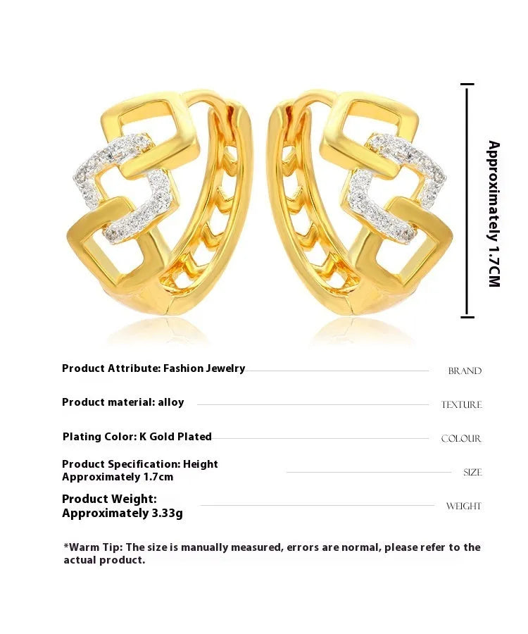Gold geometric hollow-out alloy earrings for women on a plain background.