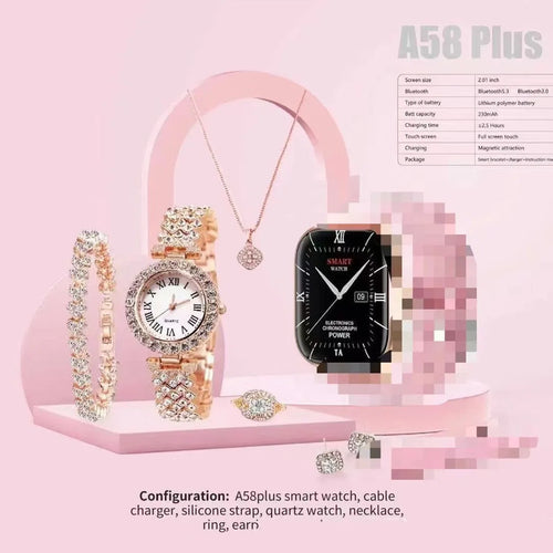 A58Plus or A59Plus smart watch on wrist showing TFT touch screen, with head strap and charger.
