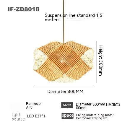 Bamboo woven rattan ceiling lamp New Chinese style pendant light adjustable height 1.5m for restaurant
