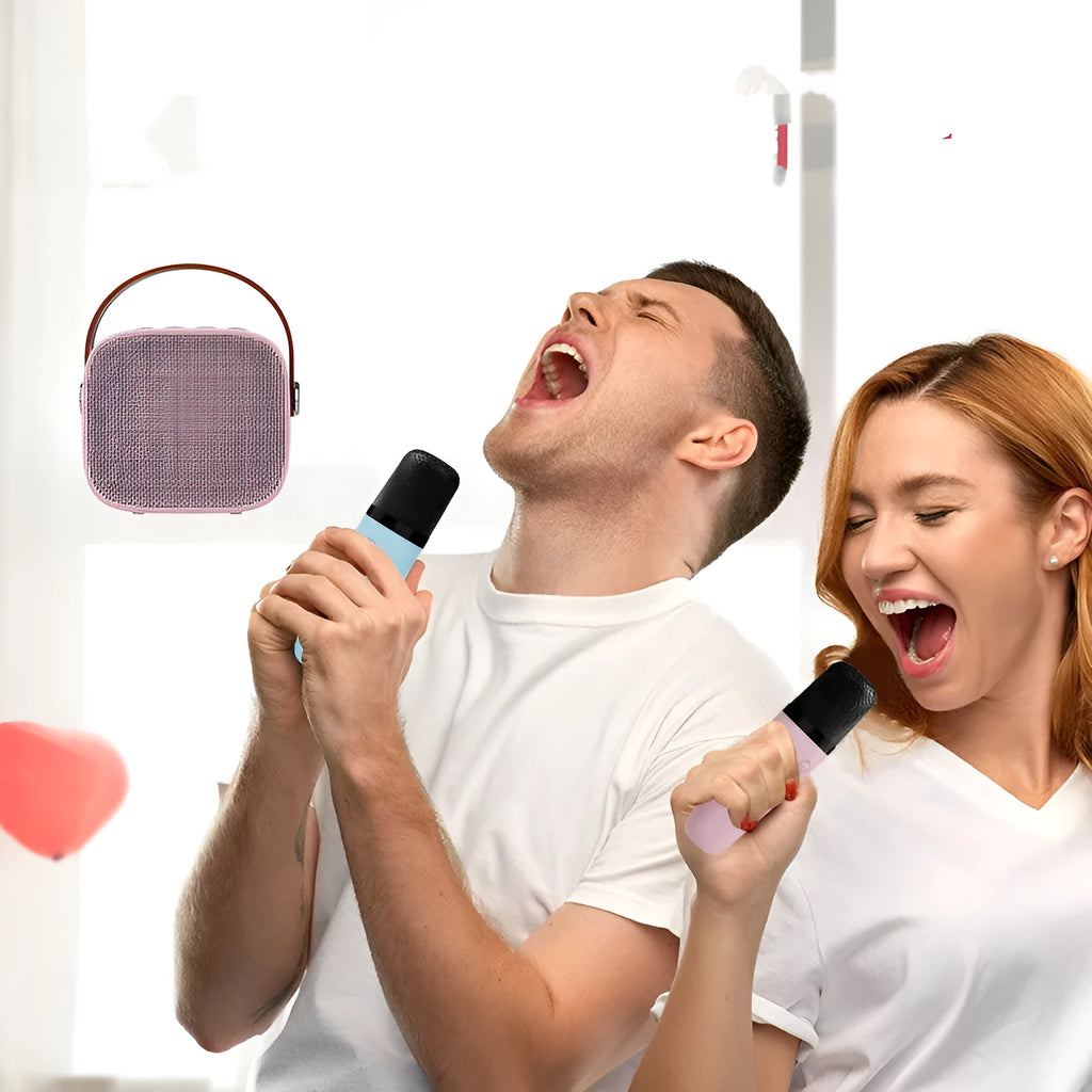Compact blue wireless Bluetooth portable speaker with built-in microphone on a table.
