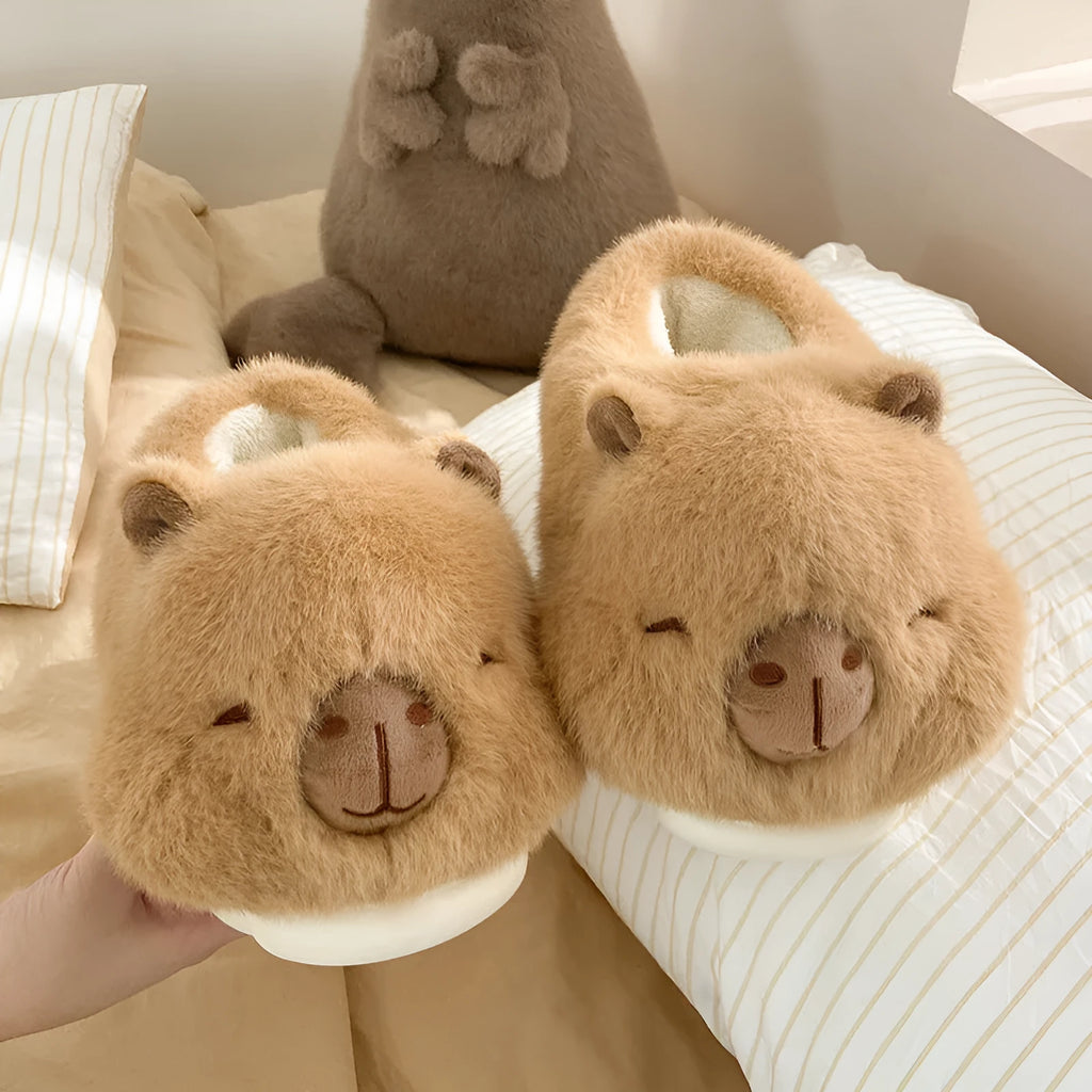 Light brown women's winter slippers with cartoon pattern, plush cotton upper and PVC sole
