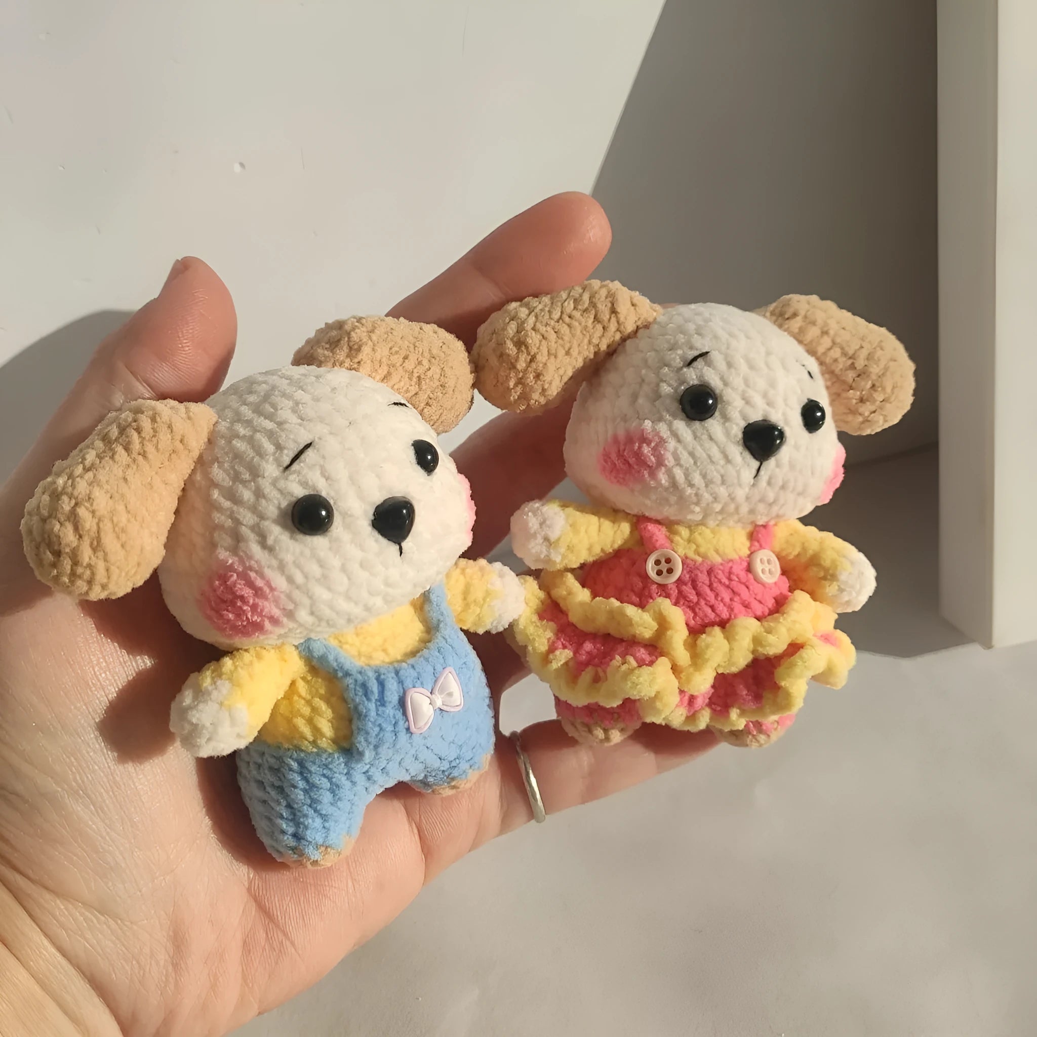Handmade wool zodiac dog pendant charm on a keychain in pinafore dress style