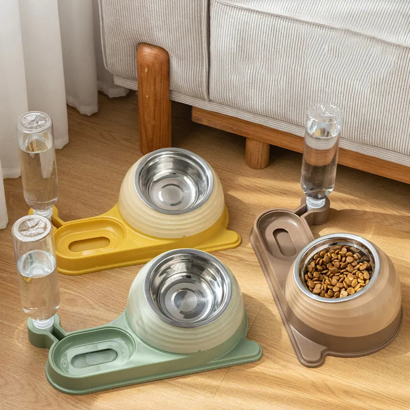 Brown automatic water dispenser cat bowl set with elevated food bowl for cats and small dogs