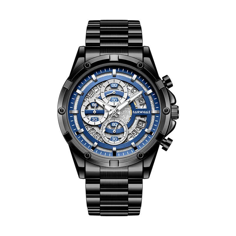 Men's waterproof luminous quartz watch with steel band in three colour options
