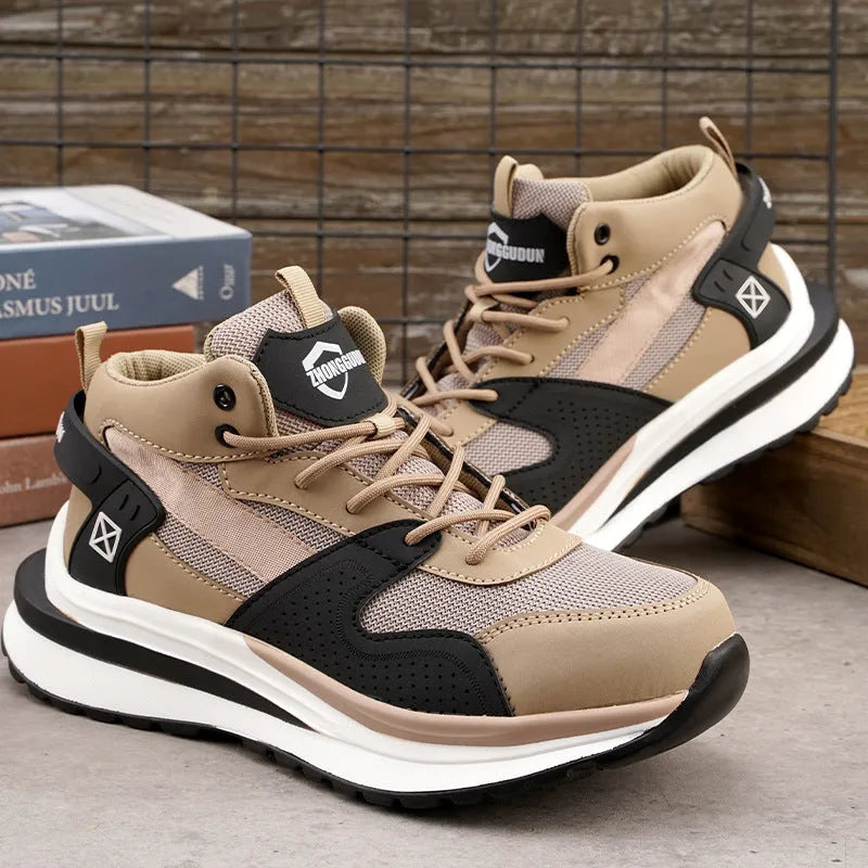 Low-top safety work shoes with a steel toe cap and lace-up front, shown in black, brown, and grey colour options.