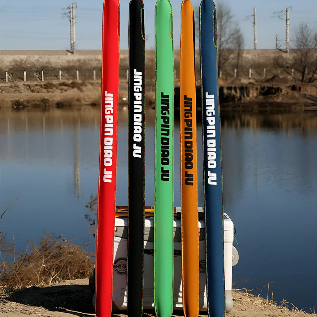 Telescopic cotton fishing rod bag in five colour options showing 95cm length measurement