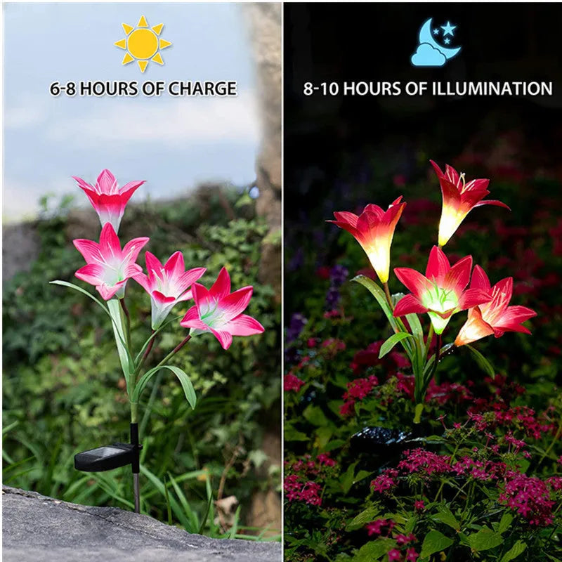 Solar lily flower light 70cm stake with silk cloth head, ABS body, 304 stainless steel ground stake, purple and red options