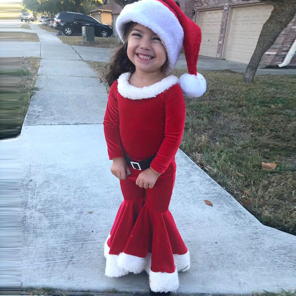 Red Korean velvet children's Christmas three-piece set with shirt, bell bottoms, and hat on display