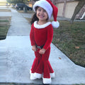 Red Korean velvet children's Christmas three-piece set with shirt, bell bottoms, and hat on display