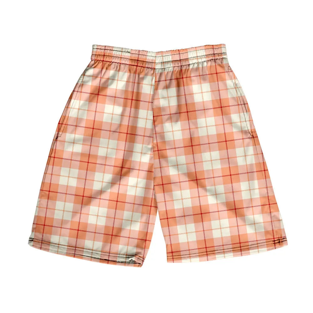 Man wearing plaid print straight-leg shorts with an elastic waistband, showing multiple colour options.