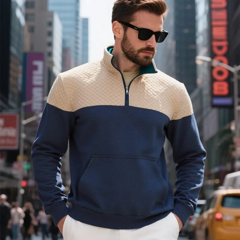 Men's plus size fleece-lined sweater with stand collar and zipper in dark blue, loose fit.